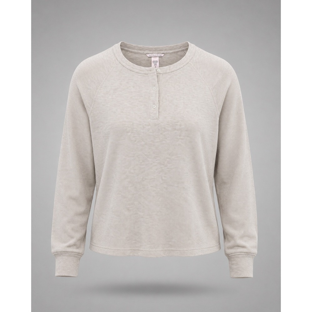 🍁Victoria's Secret Oatmeal Heather Waffle Knit Henley Thermal Top Medium 3601471